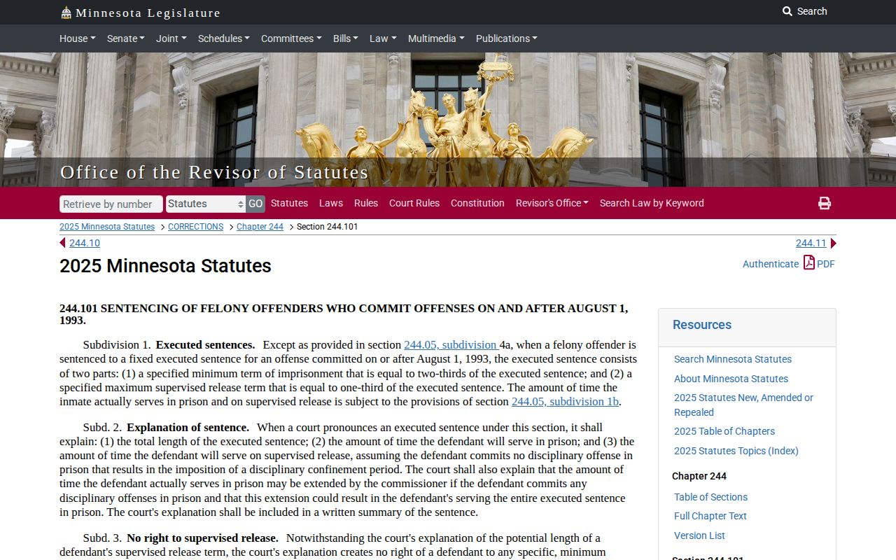 Minnesota two-thirds sentence statute used for Ramsey County projected release dates