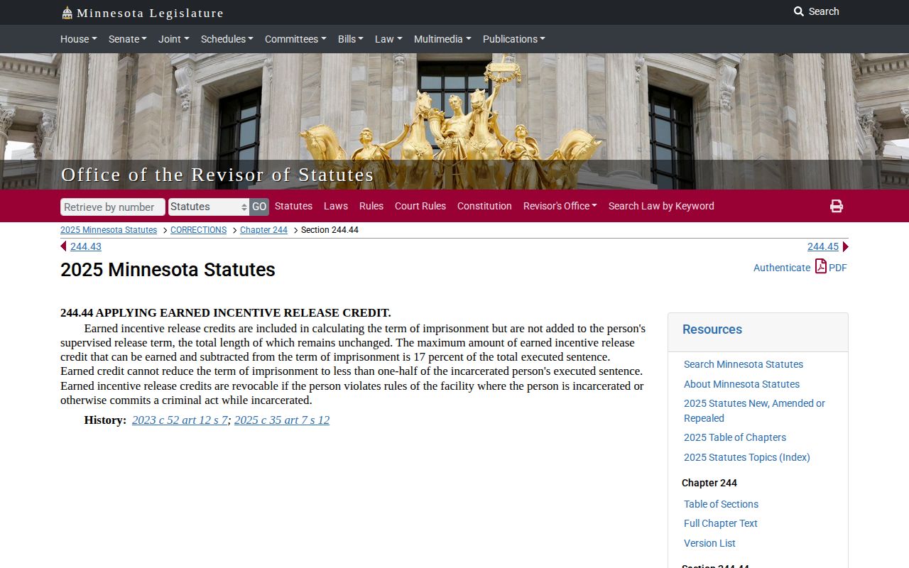 Minnesota earned incentive credit limits for Ramsey County release date calculations